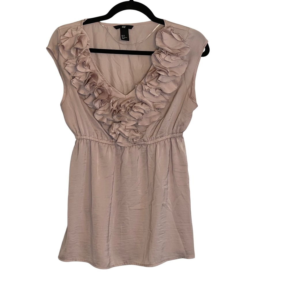 H&M Womens Ruffle V-Neck Empire Waist Babydoll Satin‎ Blouse Dusty Rose Mauve 8